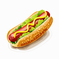 Illustration of a hot dog in a bun with lettuce and mustard, presented on a white surface.