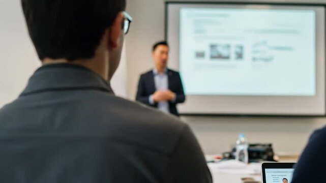 An over-the-shoulder view of a modern office meeting with foreground in sharp detail using 50mm lens