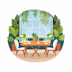Interior illustration of a dining scene featuring a table, chairs, and lush greenery.