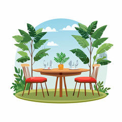 Illustration of a round table set for two, with chairs, plants, and a blue sky background.