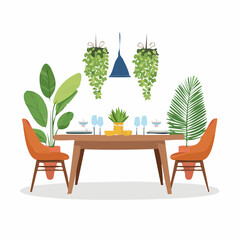 A stylized illustration of a dining table with plants and hanging greenery.
