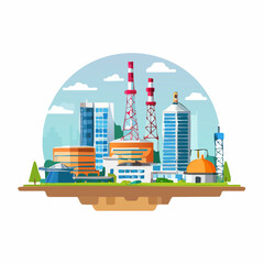 Industrial complex with modern buildings and smokestacks, set on a grassy base.