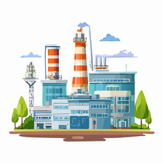 Isometric illustration of a city scene featuring buildings, roads, and a power plant.