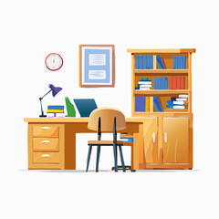 A well-organized home office features a wooden desk, chair, bookcase filled with books, a laptop, and desk lamp.