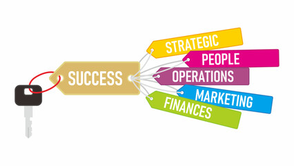 key for success illustration. metal key and gold colored tag hanger and some colorful sub hanging tag