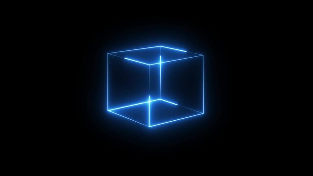 Neon glowing square frame on black background. Glowing blue cube rotating in space. square magenta grid with magical glow 3d render in dark space. Geometric portal with simple futurist. 4K Video 