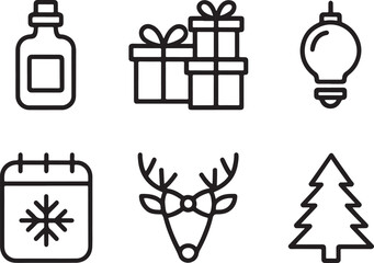 Festive Holiday Icons Featuring Christmas Tree, Reindeer, Gifts, Ornament, Calendar, and Bottle, Conveying the Spirit of the Holiday Season