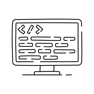 Code Monitor Doodle Outline style, screen with lines of code representing software development, ideal for programming and creative tech content.
