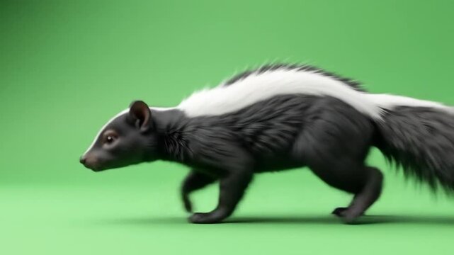 Animated skunk walking on a green screen background in a seamless loop