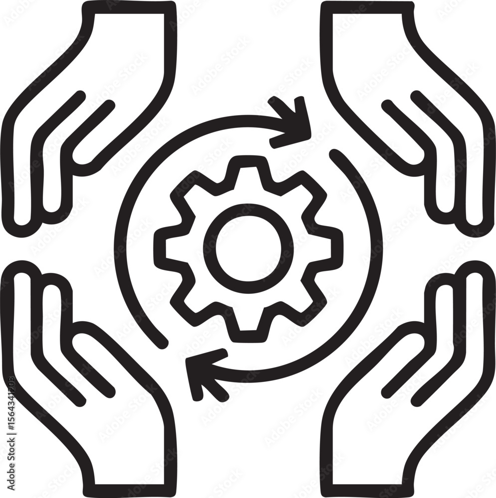 Poster teamwork hands around gear icon representing collaboration support partnership management process op