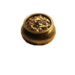 Golden coins fill a round, ornate bronze bowl