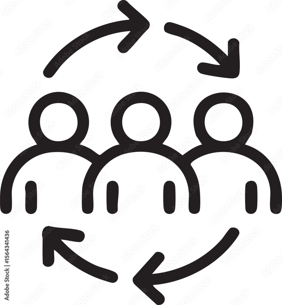 Poster teamwork and collaboration icon with arrows around group of people representing workflow communicati