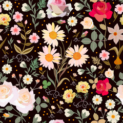 Large flowers and tiny flowers seamless pattern on black background in vector. Romantic print for fabric.