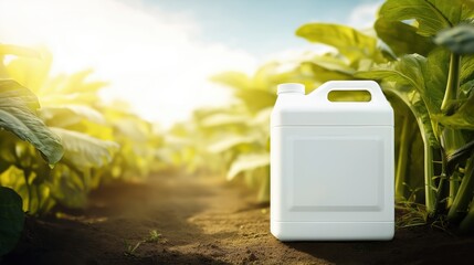 White Agricultural Jerrycan in Crop Field – Clean Right-Side Space for Fertilizer or Pesticide Branding and Label Mockup