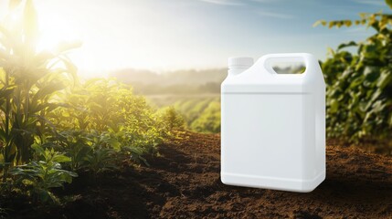 Blank White Jerrycan in Vegetable Plantation – Agricultural Product Mockup with Right-Side Space for Branding or Label Design

