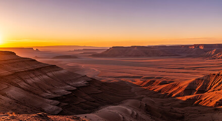 Naklejka premium Golden Hour Desert Canyon Panorama with Vibrant Sunrise Hues