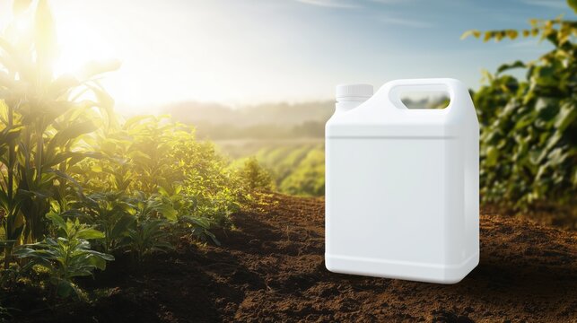 Blank White Jerrycan in Vegetable Plantation &ndash; Agricultural Product Mockup with Right-Side Space for Branding or Label Design

