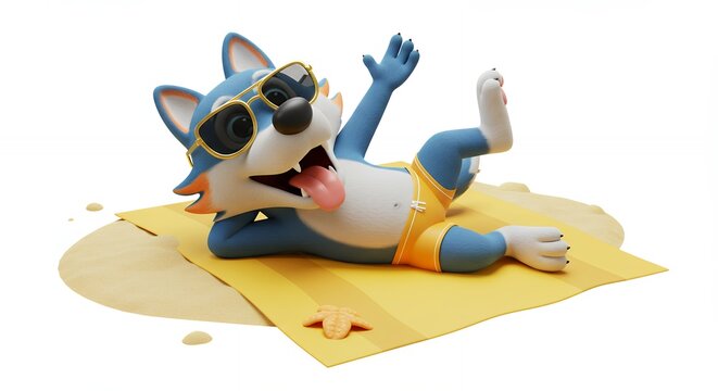 Cartoon dog relaxing on beach towel