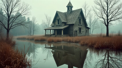 Eerie Abandoned Wooden House in a Spooky Forest Swamp