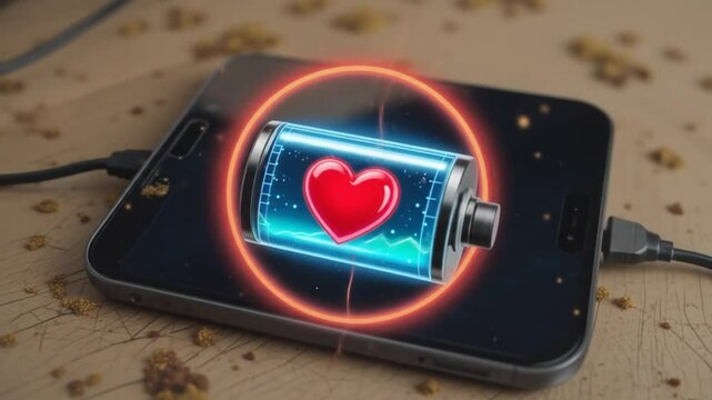 Charging a phone with a heart battery symbol represents love and connection
