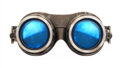 Antique goggles with vibrant blue lenses on white background