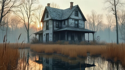 Fototapeta premium Eerie Abandoned Victorian House in a Misty Rural Landscape with Reflection