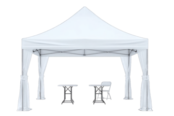 White pop-up gazebo with tables and chairs