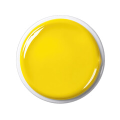 Round, vibrant yellow liquid in a white dish
