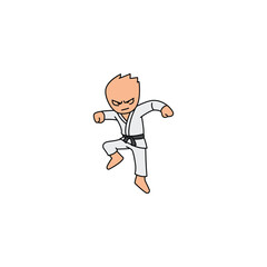 Fototapeta premium An icon of a cartoon character in a white gi with a black belt, performing a defensive blocking motion with a strong, low stance.
