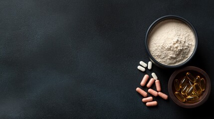 Flat Lay of Gym Supplements on Dark Textile – Whey Protein and Capsules with Right-Side Focus and Left Copy Space for Fitness Branding