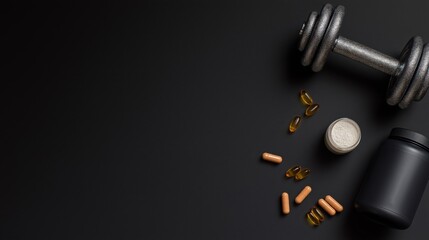 Gym Supplements Flat Lay with Copy Space &ndash; Whey Protein, Capsules, and Dumbbell on Minimalist Dark Fitness Background