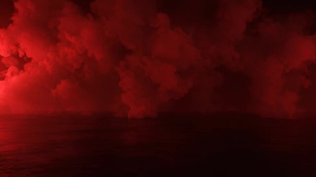 A dramatic scene of red smoke billowing over a dark sea, creating an apocalyptic atmosphere