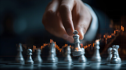 Hand moving chess king piece on chessboard with stock market graph in the background strategy concept