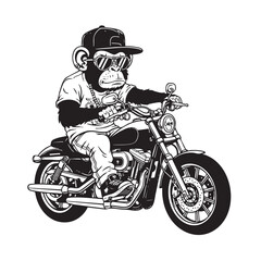 Vector illustration of a cool monkey riding a motorcycle, wearing sunglasses and a cap.