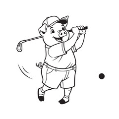 Vector illustration of a happy fat pig playing golf, swinging a club.
