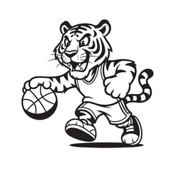 Vector illustration of a majestic tiger playing basketball, dribbling the ball.