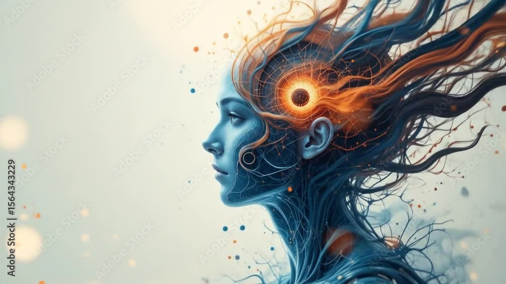 Poster digital mind conceptual artwork: abstract representation of consciousness and neural networks