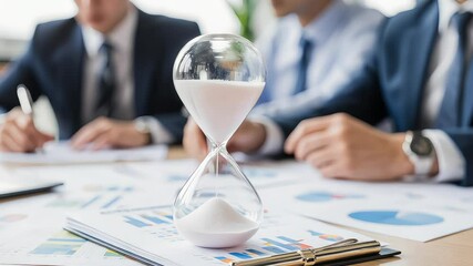 Hourglass on charts with businessmen in suits at meeting - Powered by Adobe