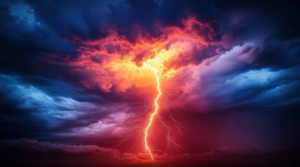 Powerful lightning bolt erupts from fiery storm clouds