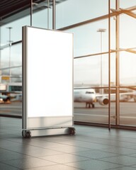 Vertical Poster Billboard in Airport – Blank White Advertising Screen – Airplane Tail and Glass Terminal Background