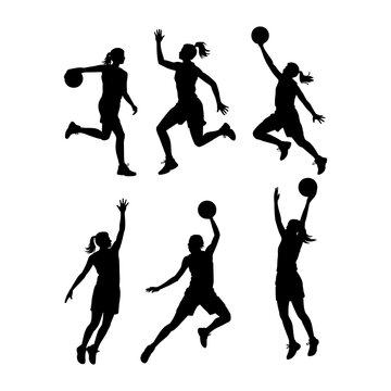 Silhouettes Depicting Female Basketball Players in Various Action Poses: Dribbling, Jumping, Shooting, and Laying Up, Capturing the Energy and Skill of the Sport