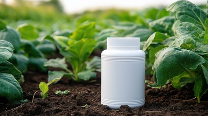 White Plastic Canister on Soil – Agricultural Pesticide or Fertilizer Container – Farming Concept in Green Crop Field under Bright Daylight

