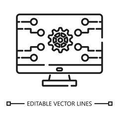 Pc monitor linear icon. Pc monitor icon with gear and circuit connections, ideal for tech repair websites, electronic repair services, or computer software concepts.