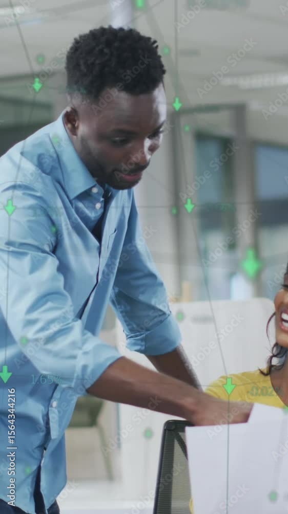 Poster animation of connections and data processing over diverse business people discussing work at office