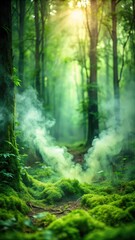 Mysterious green mist rising from a forest floor