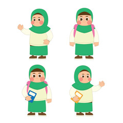 Set Cute Girl Student Cartoon Character Icon Illustration