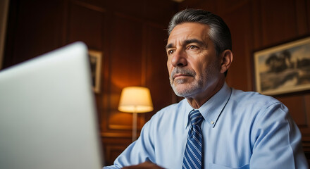 Thoughtful Mature Businessman Using Laptop in a Traditional Office