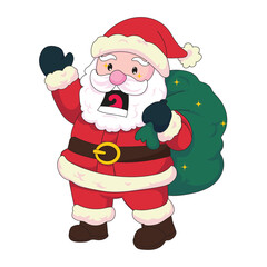 Funny and cute Santa Claus vector illustration with large green gift sack, wearing classic red suit and hat. Ideal for Christmas cards, seasonal decorations, winter crafts, festive invitations