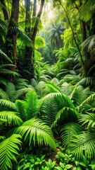 Dense cluster of tropical leaves scattered on a forest floor with ferns and vines