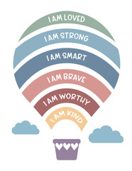 Hot Air Balloon Affirmation Poster – Positive I Am Statements for Kids in Muted Colors